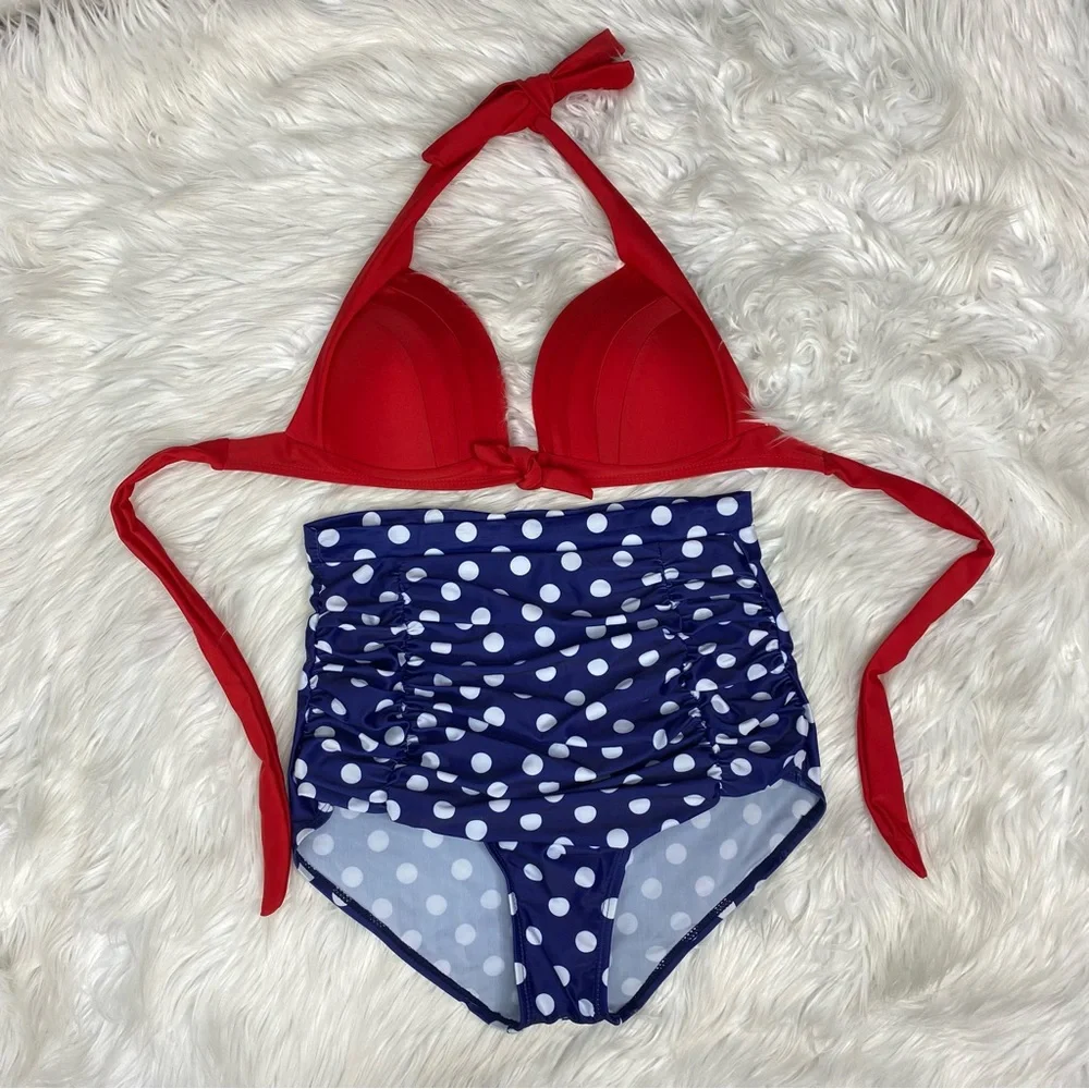 Aixy Women’s NWT Two Piece Retro High Waisted Polka Dot Bikini Swimsuit - Picture 5 of 16